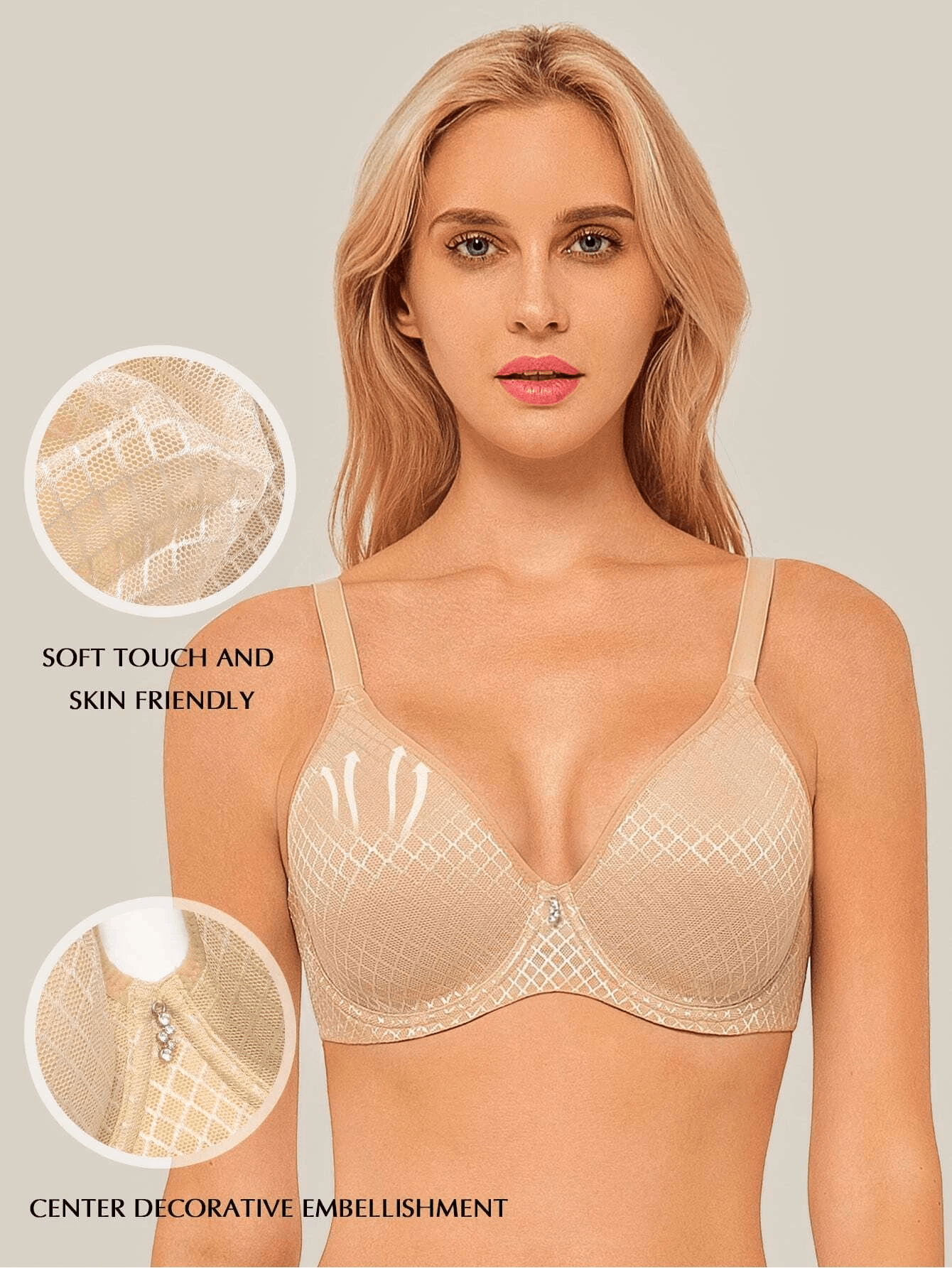 Push Up Temptation Underwired Plaid Breathable Bra Nude