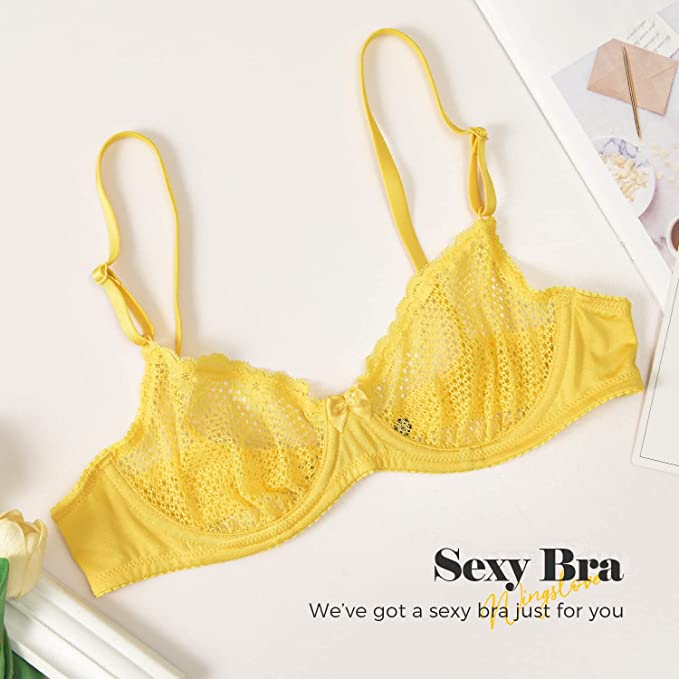 See Through 1/2 Cup Lace Underwire Demi Bra Lemon Yellow - WingsLove