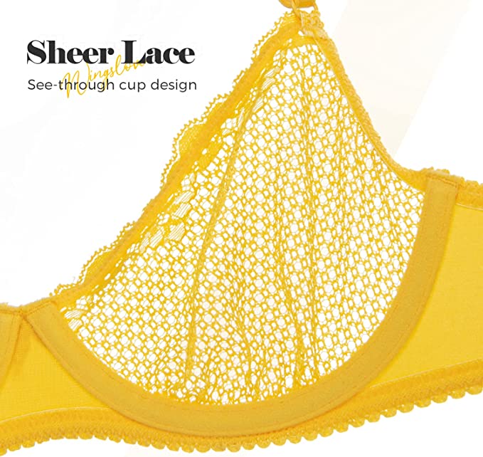 See Through 1/2 Cup Lace Underwire Demi Bra Lemon Yellow - WingsLove