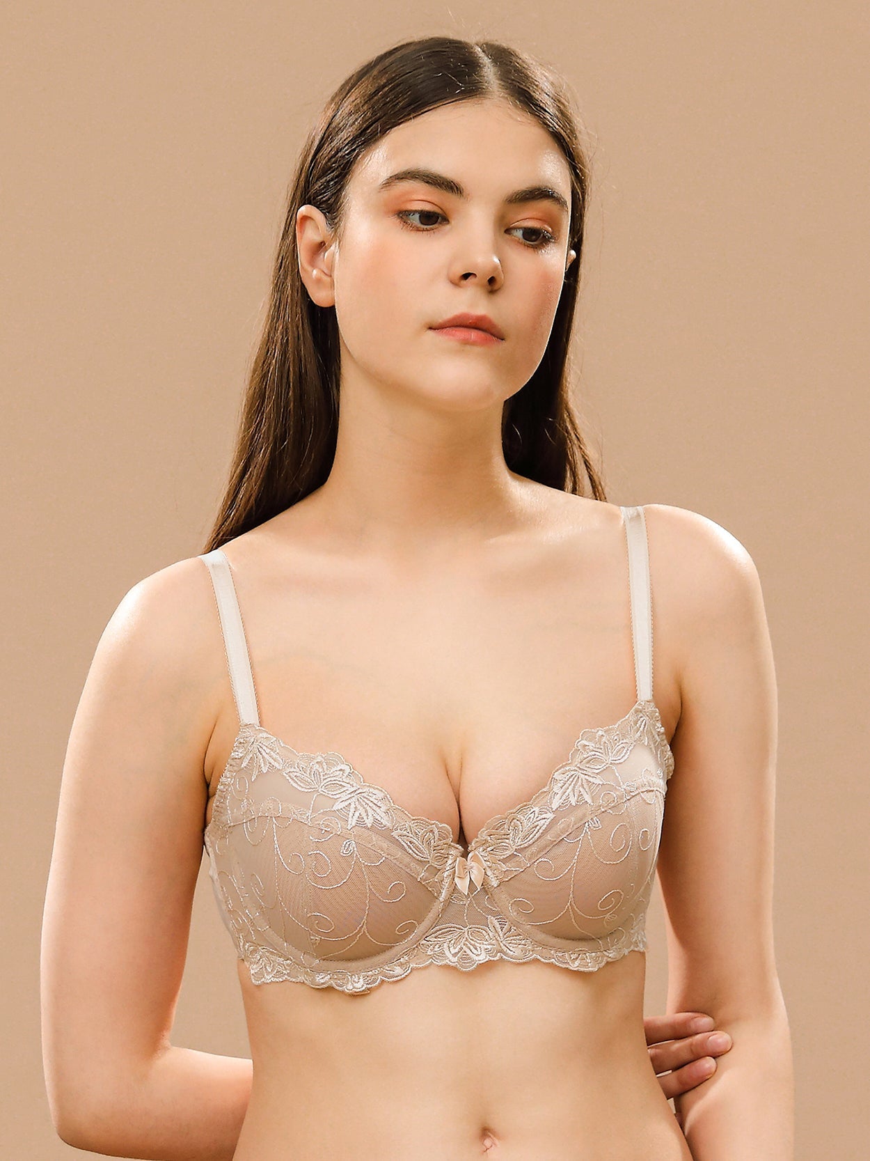See Through Mesh Cups Non-pads Embroidered Underwire Bra Nude
