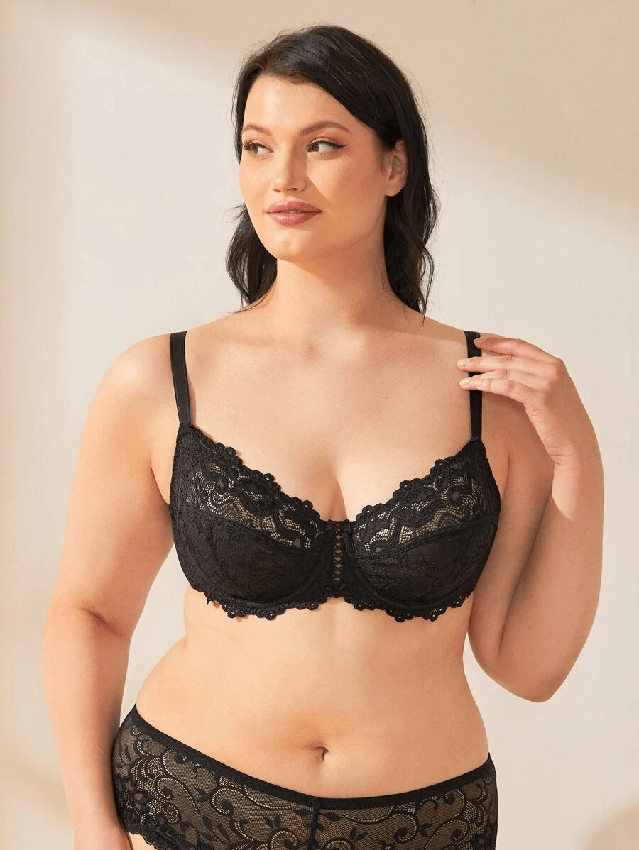  Womens Full Coverage Underwired Floral Lace Bra Plus Size  Non Padded Comfort Bra 48D Black