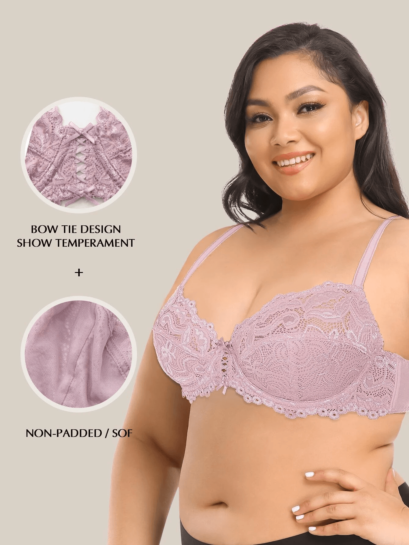 Sheer Lace Underwire Plus Size Bra Purple - WingsLove