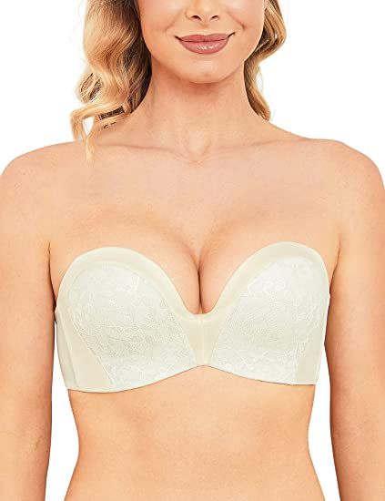 Strapless Bra Push Up Plunge Wireless Padded Multiway Contour Ivory White - WingsLove