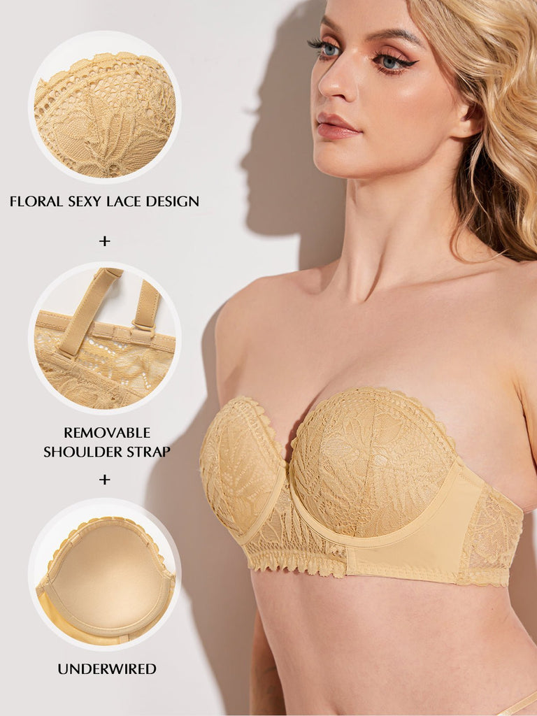 Strapless Floral Lace Underwire Bra Nude - WingsLove