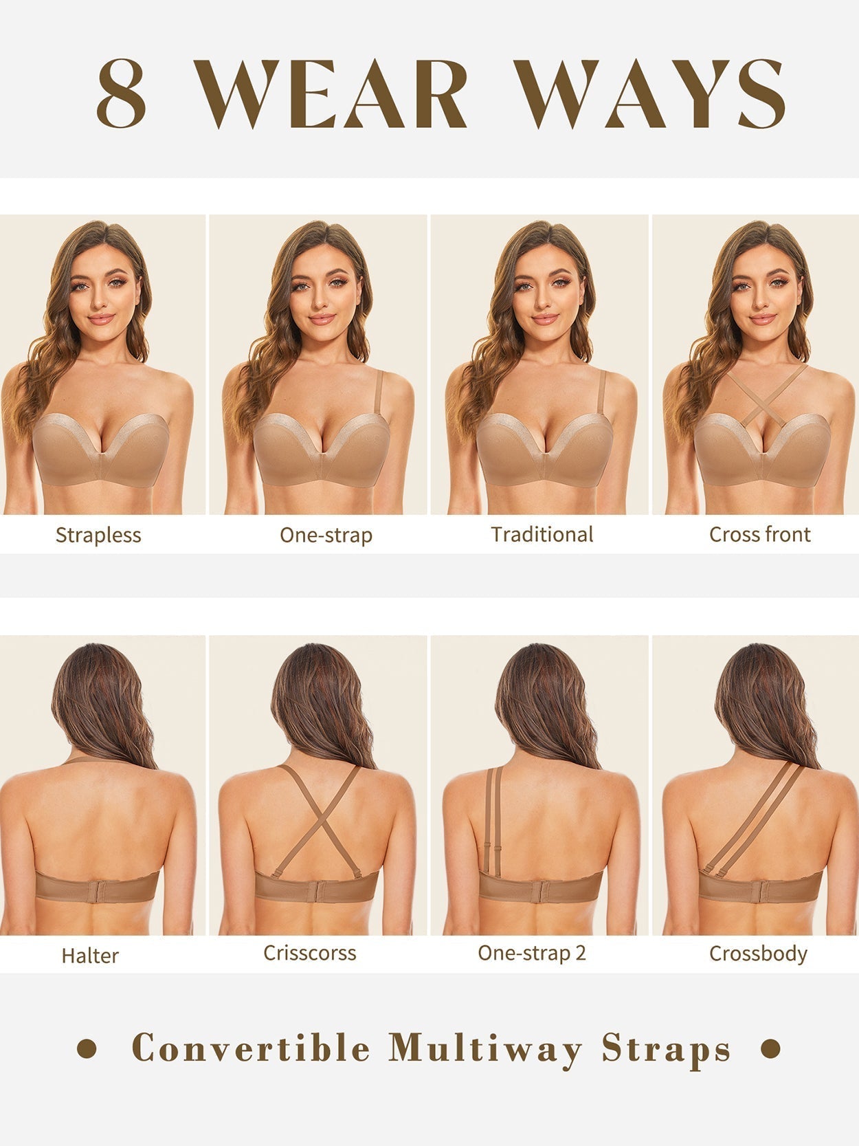 Low Back Bra for Women Wirefree Seamless Bra Backless Multiway Straps Convertible  Halter Bra with Padded Removeable Beige at  Women's Clothing store
