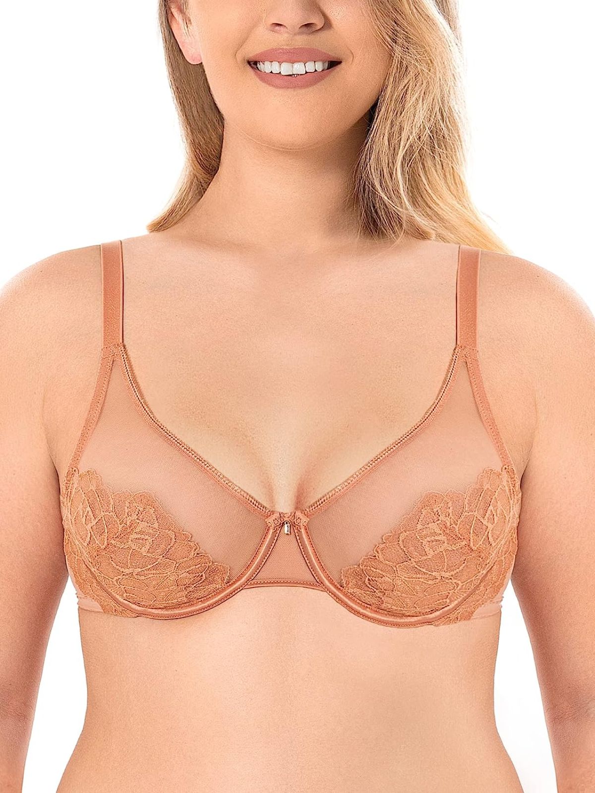 Underwire U-shaped Flower Transparent Bra Pink Bean - WingsLove