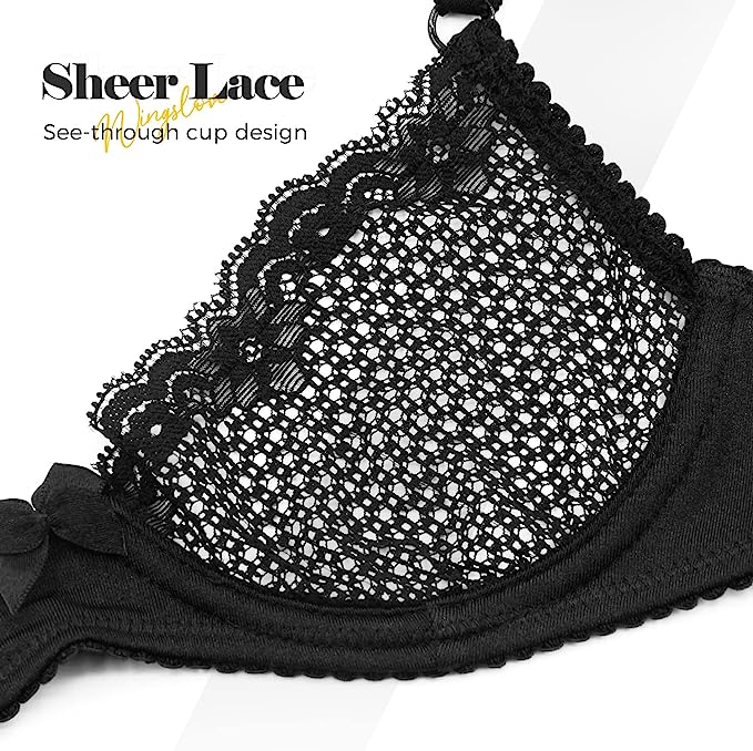 Unlined See Through 1/2 Cup Mesh Demi Shelf Underwired Bra Black - WingsLove