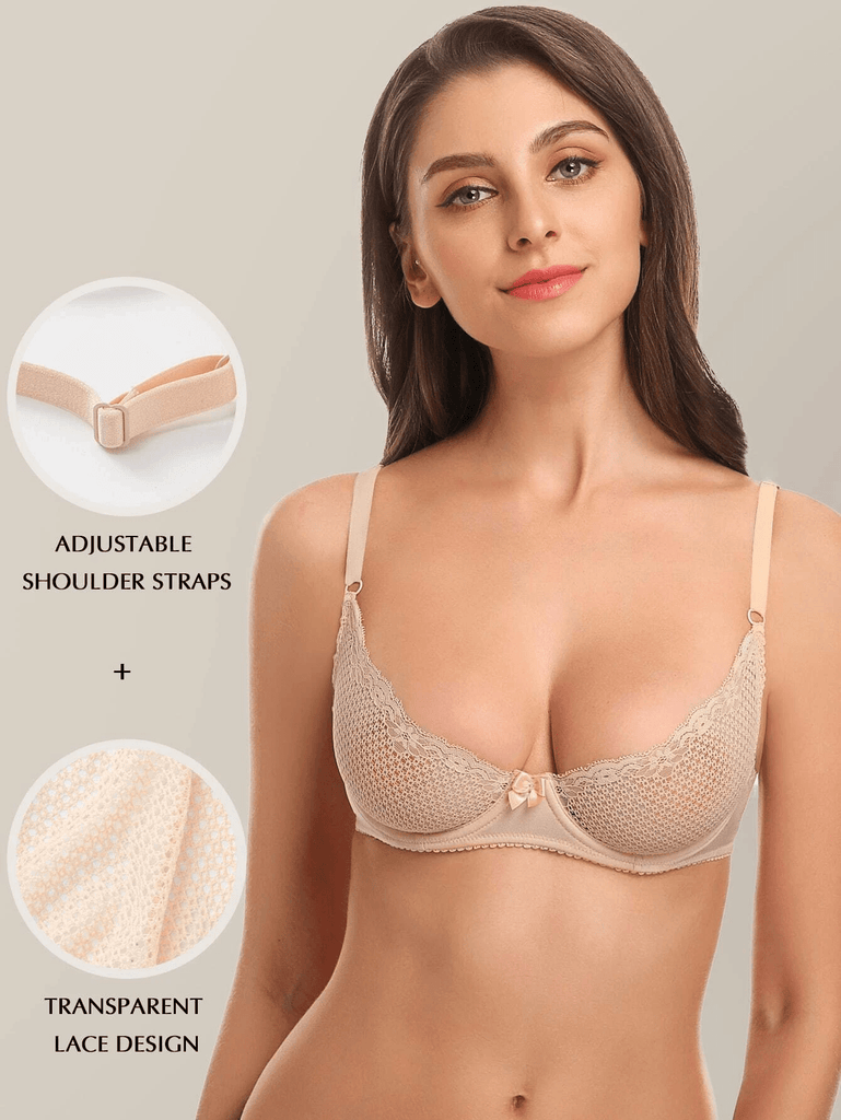 Unlined See Through 1/2 Cup Mesh Demi Shelf Underwired Bra Nude - WingsLove