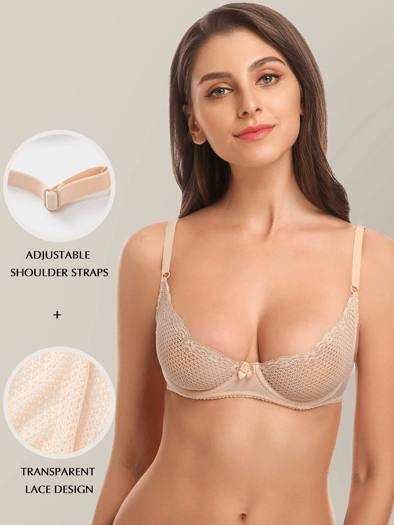 WingsLove Women's Sexy 1/2 Cup Balconette Mesh Underwired Lace Bra