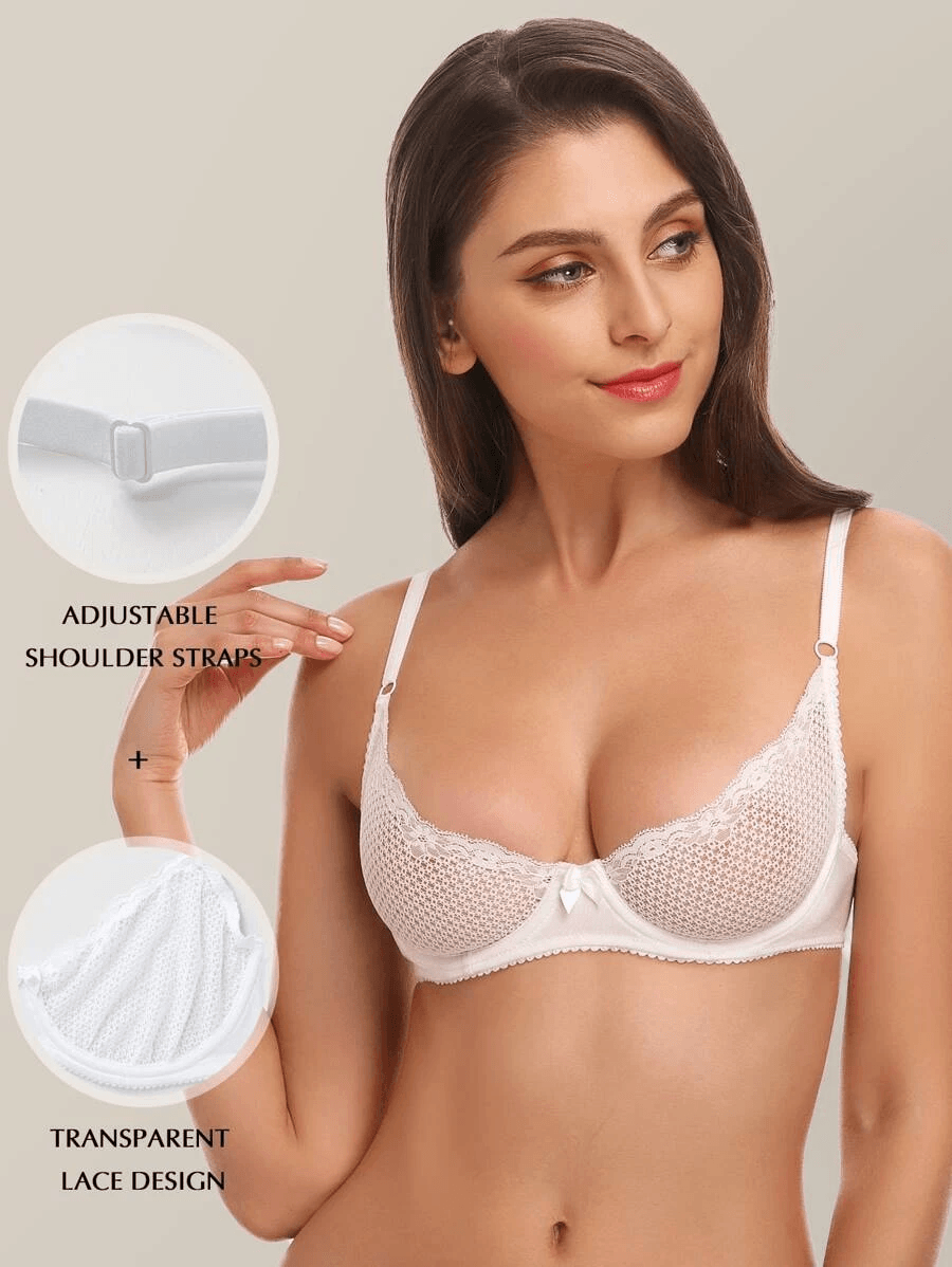Wingslove Women's Sexy Lace Balconette Bra Longline See Through Unlined  Underwire Multiway Bralette with Silicone Nipple, Beige 32B 